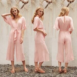 Lost + Wander Pink Brunch Gingham Print Festival Picnic Cropped Jumpsuit Size XS